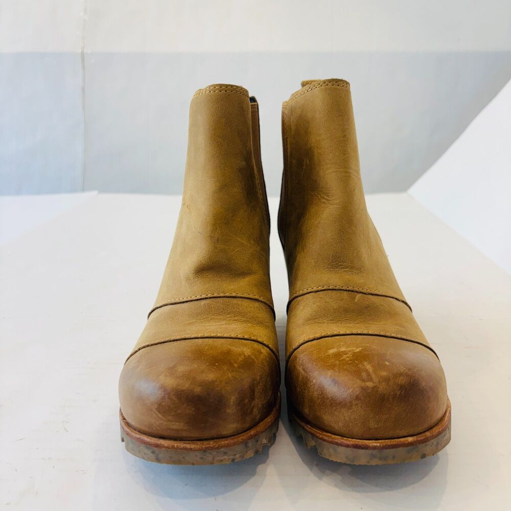Sorel Lea Hidden Wedge Boots Brown Leather Womens Sz 8.5 Chelsea Ankle Slip On - Picture 3 of 10
